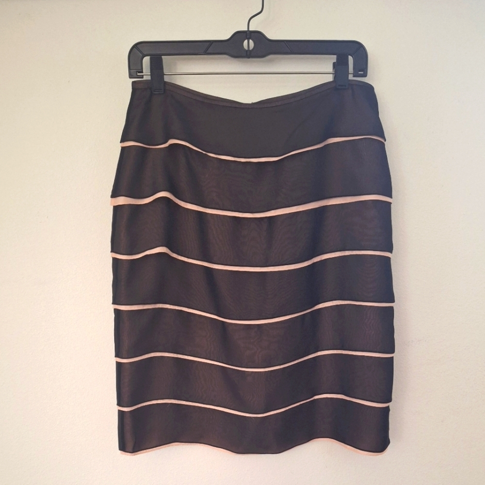 100% SILK Tiered Pencil Skirt - Chocolate Brown/Pink - Size 10